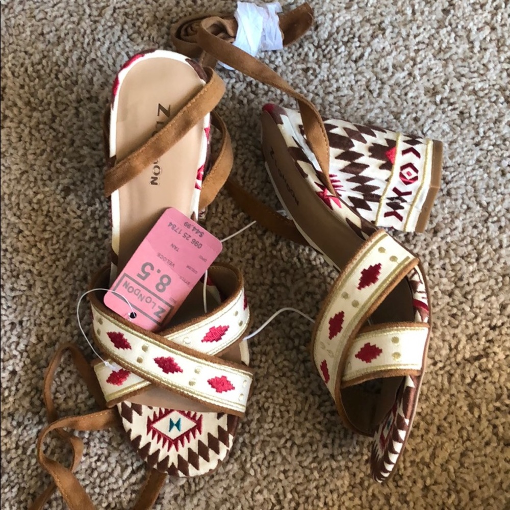 Unique embroidered lace up heels